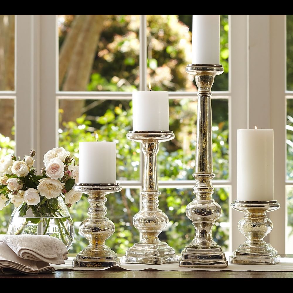 Set of 2 Pottery Barn Antique Mercury Glass Pillar Holders.
